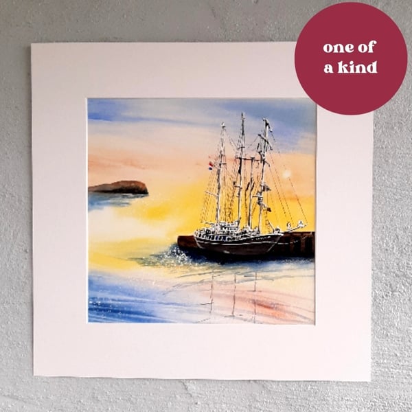 Tall Ship. Sunset Sailing Ship Watercolour Painting. Ready to Frame.