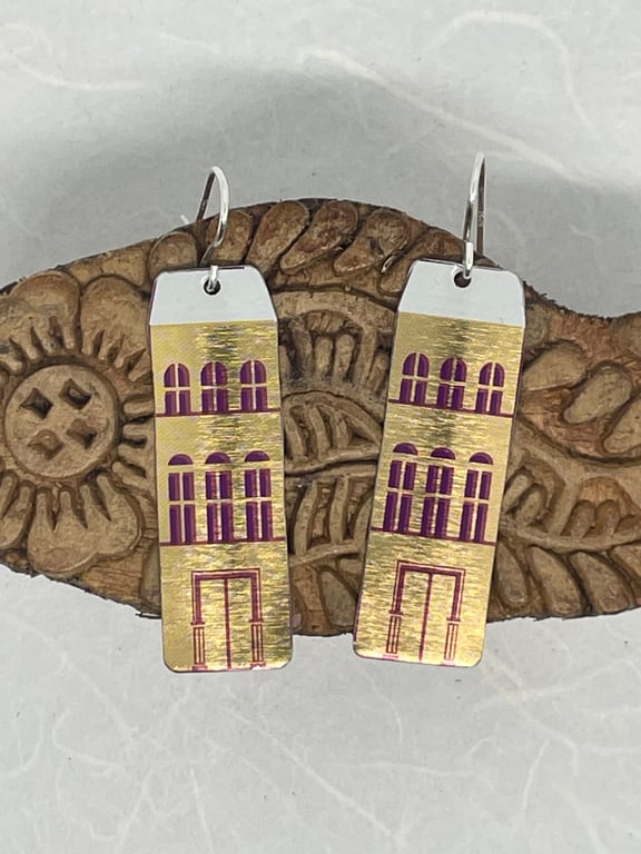 Gold Tall House Recycled Tin Earrings with Silver