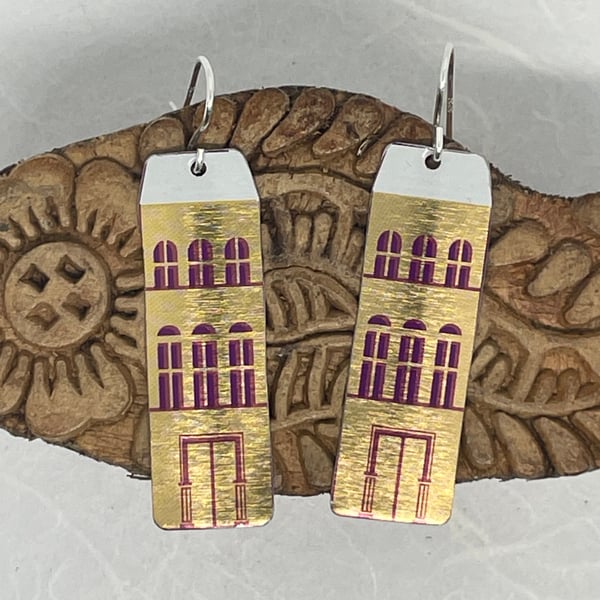 Gold Tall House Recycled Tin Earrings with Silver