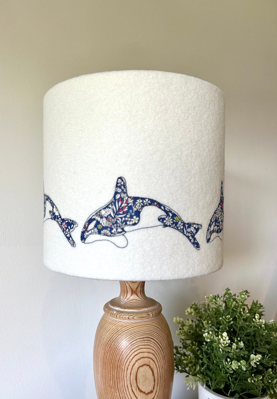 Orca Embroidered Lampshade with Liberty Print