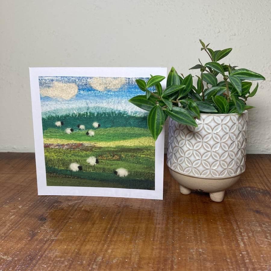 Greetings card, blank, print of original textile art, sheep grazing (3)