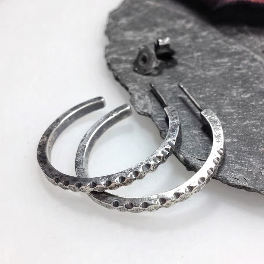 Oxidised silver large carved hoop stud earrings