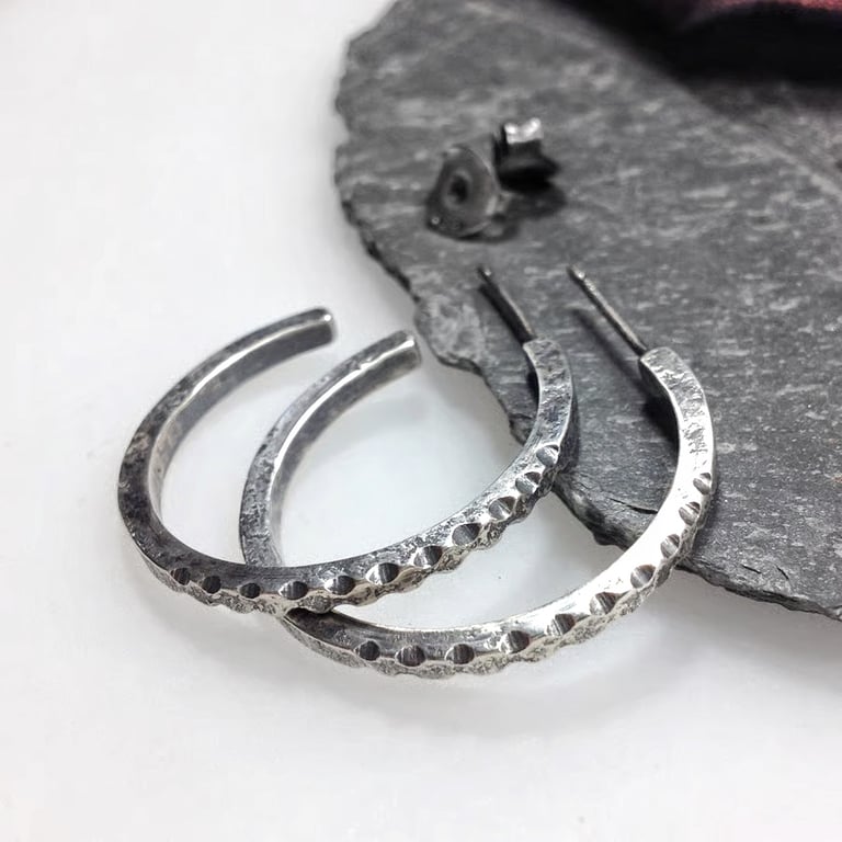 Oxidised silver large carved hoop stud earrings