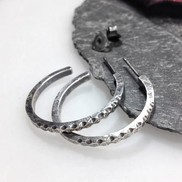 Oxidised silver large carved hoop stud earrings