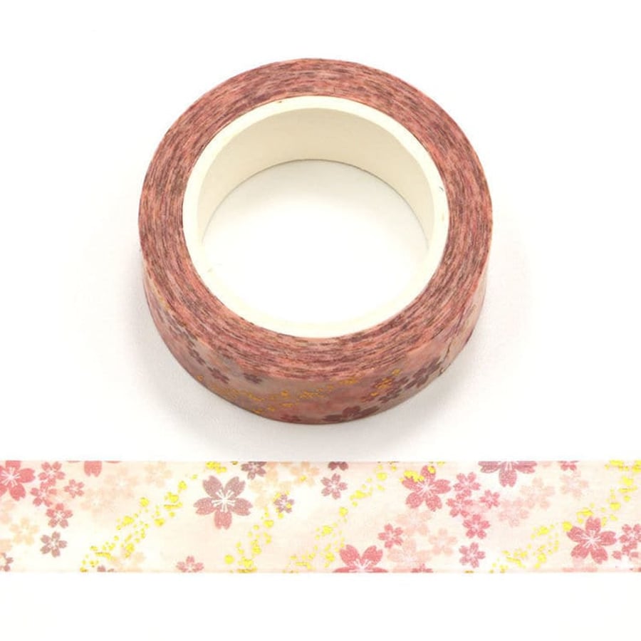 Pink and Gold Foil Romantic Cherry Blossom Decorative Washi Tape 15mm x 10 Meter