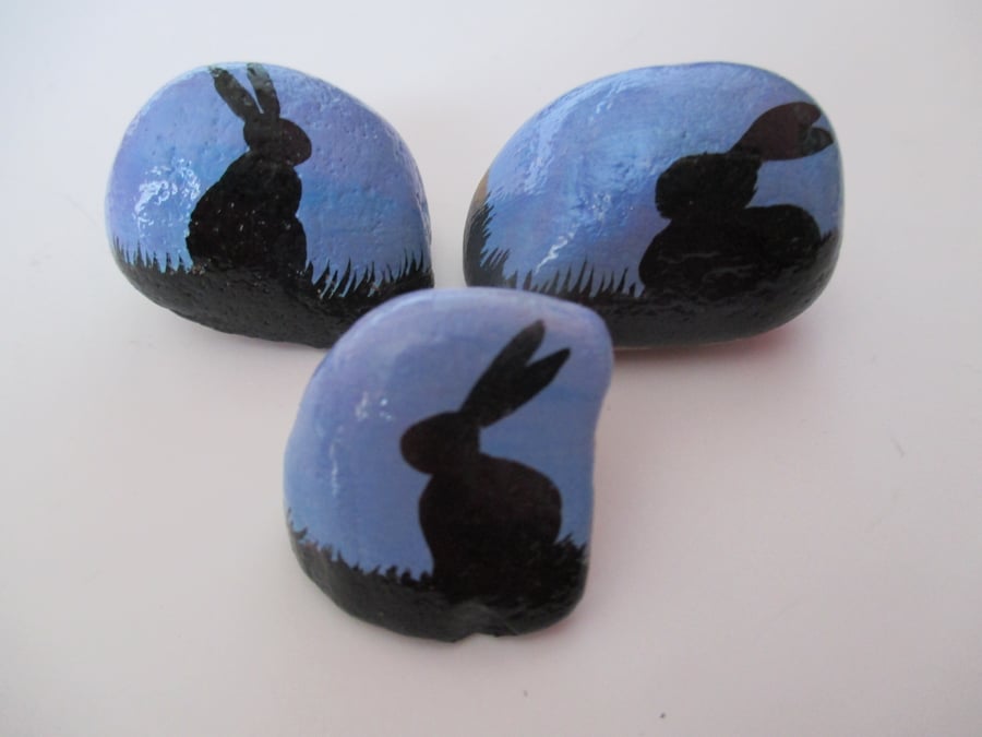 Painted Pebble Bunny Rabbit Silhouette Rock Painting Original Art Set 06