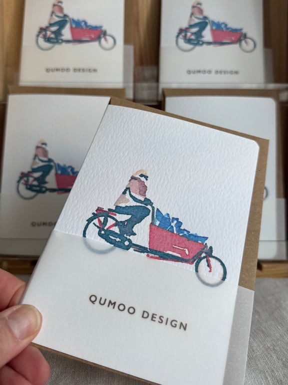 Woman on a Bakfiets box bike blank greetings Card (QM237)