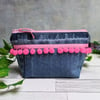 Recyced Denim Makeup Pouch Bag or Pencil Case with Pom-poms