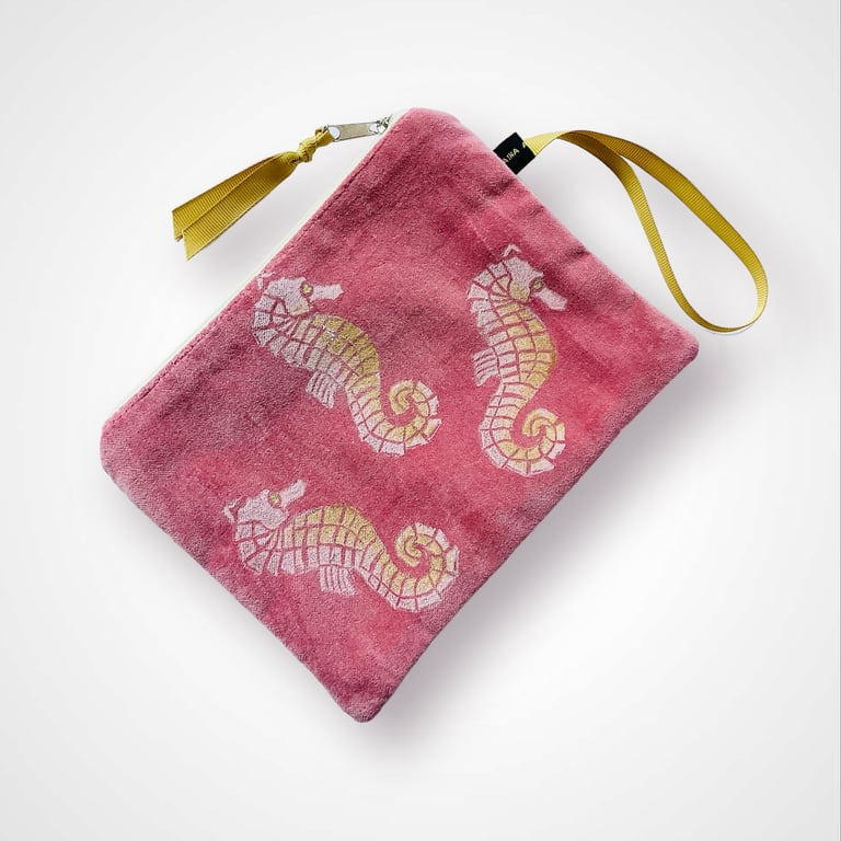 Dusty Pink Seahorses Velvet Zip-Up Pouch