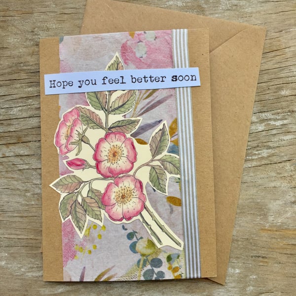 handmade recycled paper card (item no 224)wild rose, feel better soon