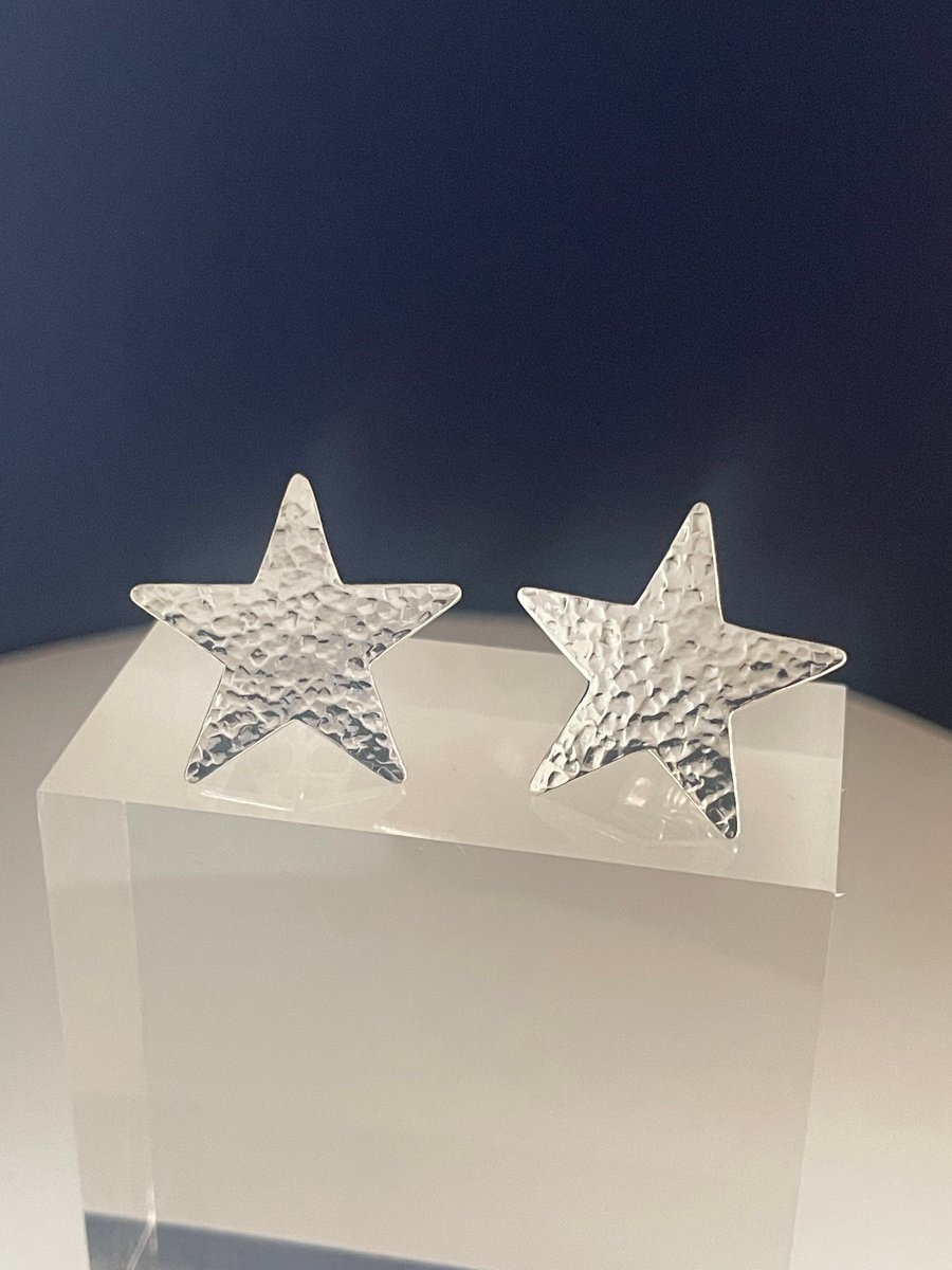 Large Sterling Silver Star Ear Stud Earrings 20mm - Hammered-Sparkly - Handmade 