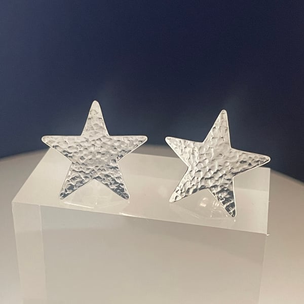 Large Sterling Silver Star Ear Stud Earrings 20mm - Hammered-Sparkly - Handmade 