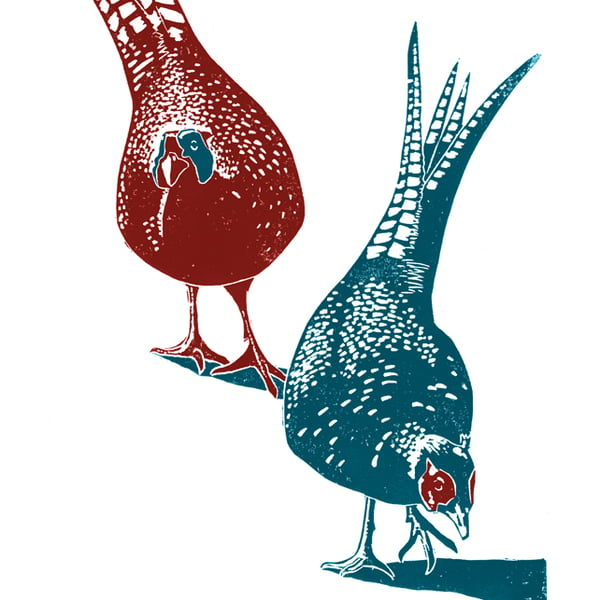 Pheasants A3 poster-print (red-blue)