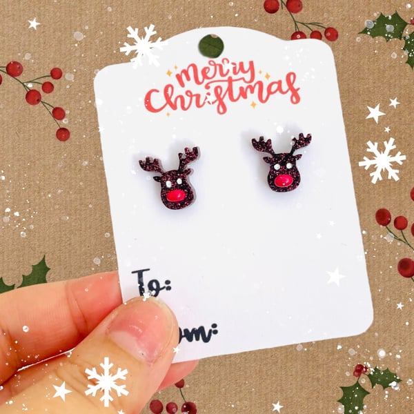 Christmas reindeer stud earrings, Christmas jewellery, stocking filler for her