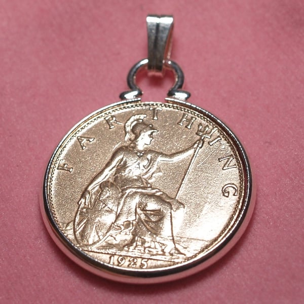 1925 96th Birthday Anniversary Farthing coin in a Silver Plated Pendant mount an