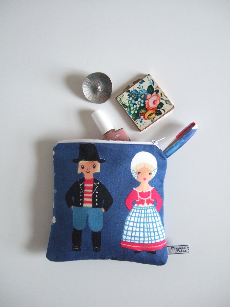 Make up bag or pouch in a Folk Art style, from a vintage Danish tablecloth.