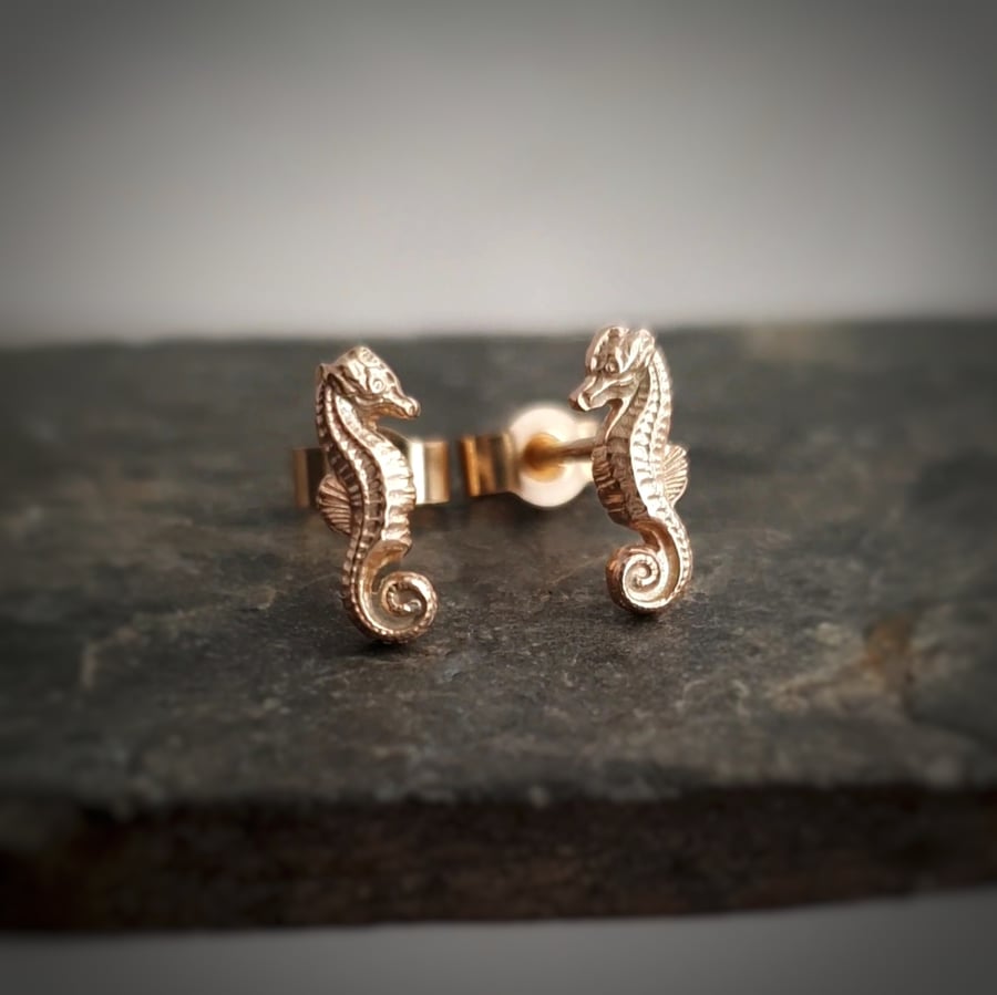 Gold Seahorse Stud Earrings handmade in 9 carat gold