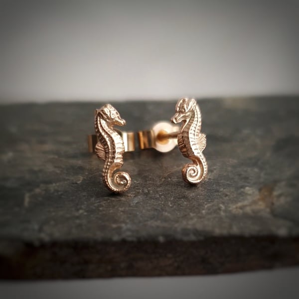 Gold Seahorse Stud Earrings handmade in 9 carat gold