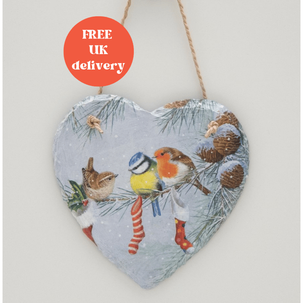 Christmas decoration, garden bird hanging slate heart, decoupaged 