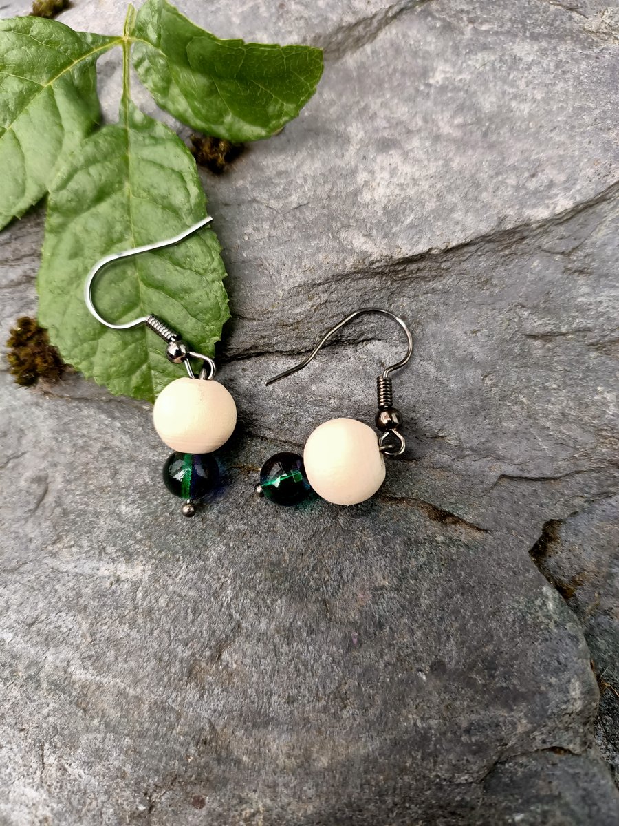 Wooden beaded rainbow bead black earrings
