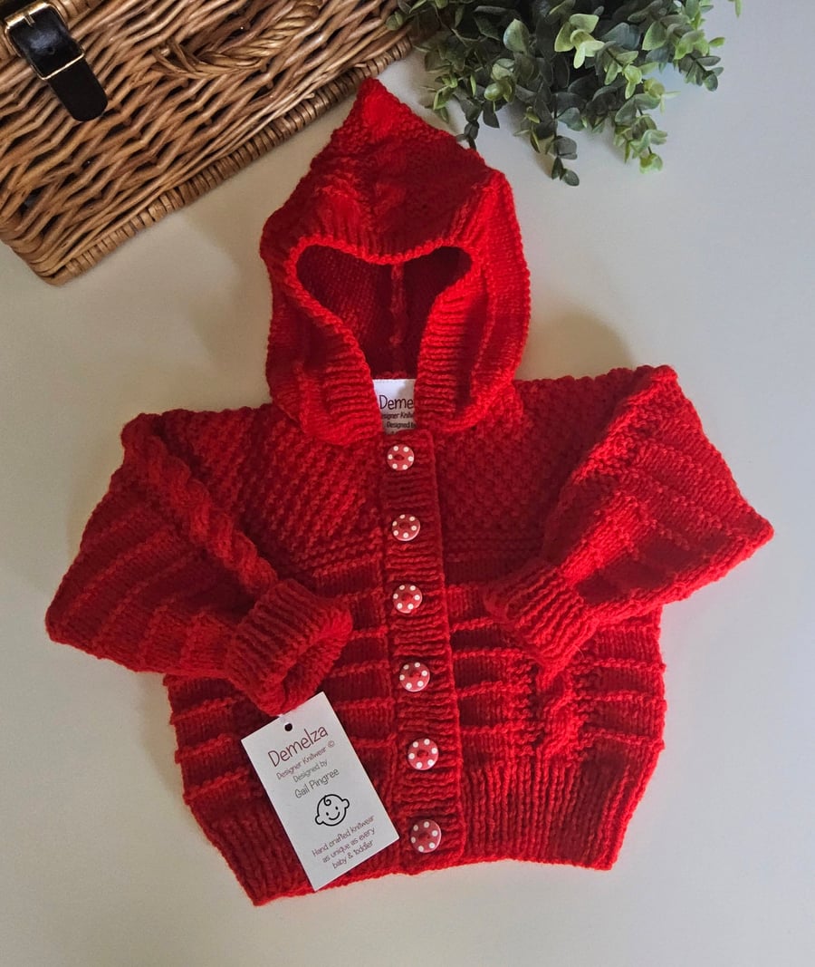 Baby Designer Hand Knitted Red Hooded Jacket 3-9 months size 