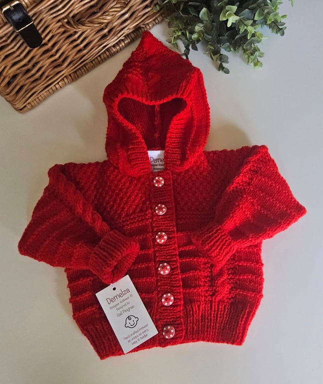 Baby Designer Hand Knitted Red Hooded Jacket 3-9 months size 