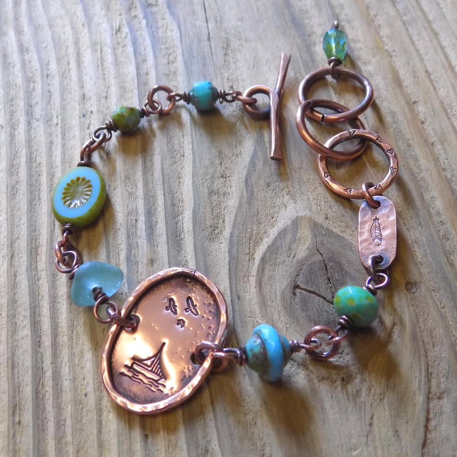 Rustic aged copper and czech bead toggle bracelet 