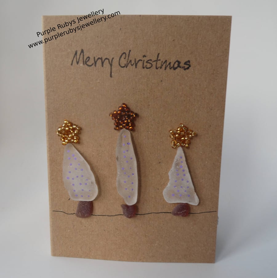 Sea Glass Snowy Christmas Trees with Purple Lights Christmas Card C266