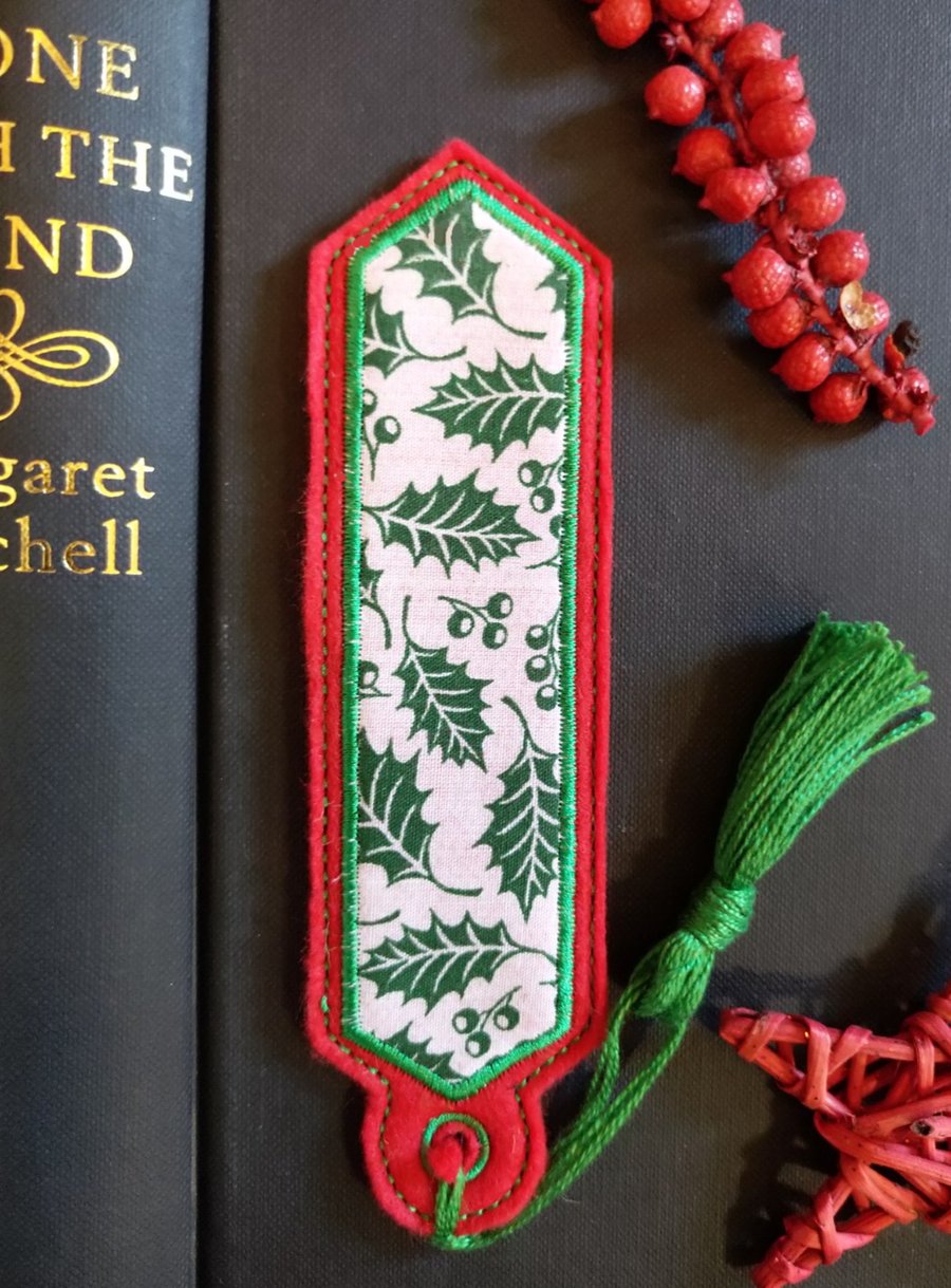 Christmas Holly Leaf Bookmark embroidered hand crafted design matching tassel