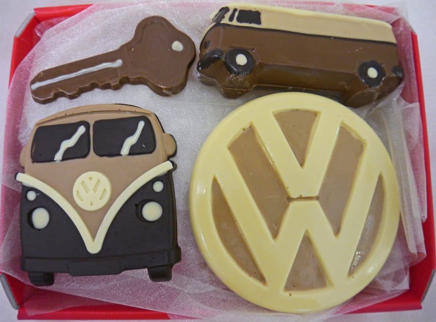Hand-made Belgian Chocolate VW Campervan Gift Hamper Box, Van, VW badge and Key