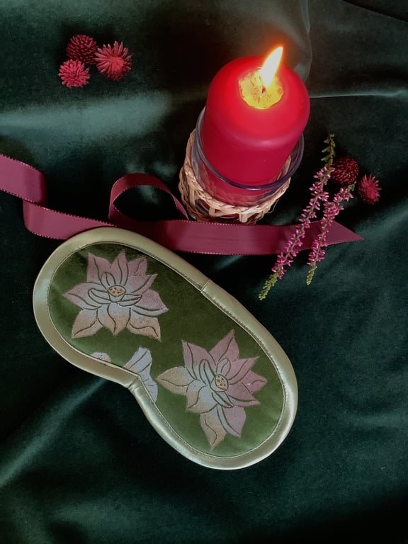 Lotus Flower Sleep Mask, Olive Velvet Eye Mask, Lavender Infused Relaxation Gift