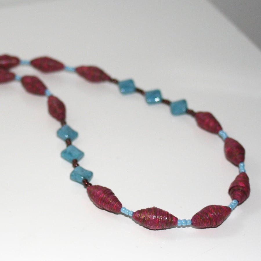 Turquoise and marsala paper and glass bead necklace