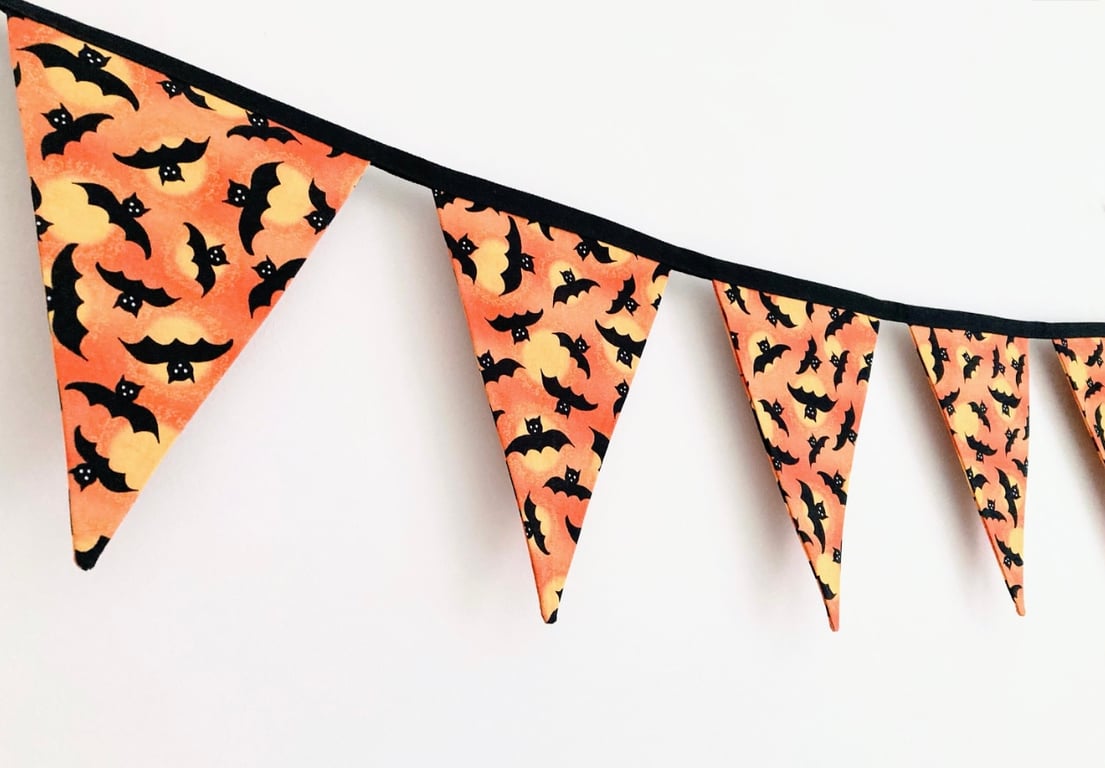 Halloween Bat Bunting: Orange & Black Cotton, Double Sided