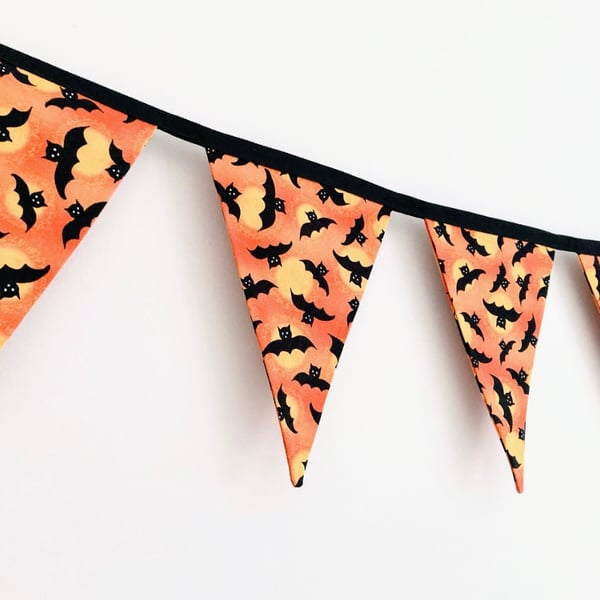 Halloween Bat Bunting: Orange & Black Cotton, Double Sided