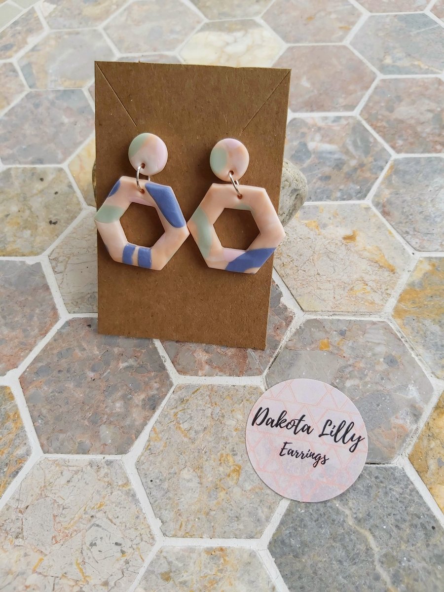 Pastel stud with hexagon, polymer clay earrings