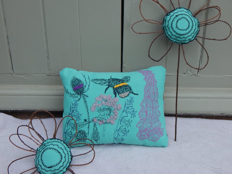 Bee and Wild Flower -  Turquoise Small Screen printed Cushion