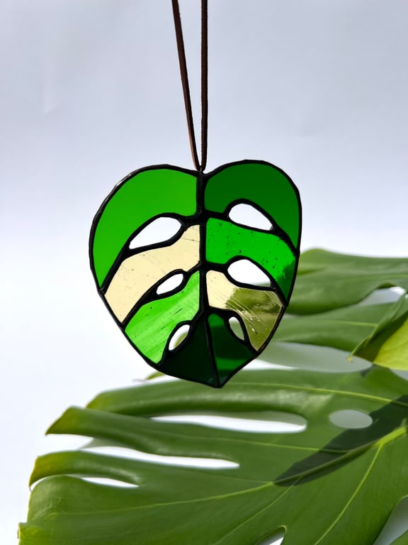 Monstera leaf stained glass suncatcher - green and amber