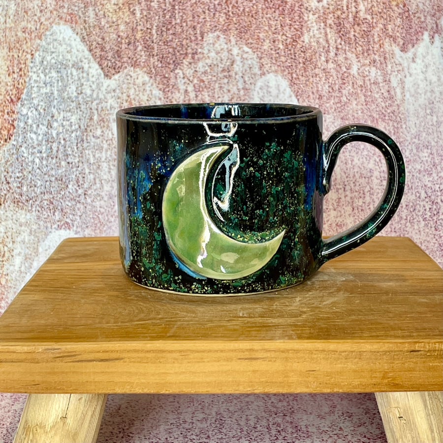 Green Moon Mug, Large Ceramic Cup - Made to Order