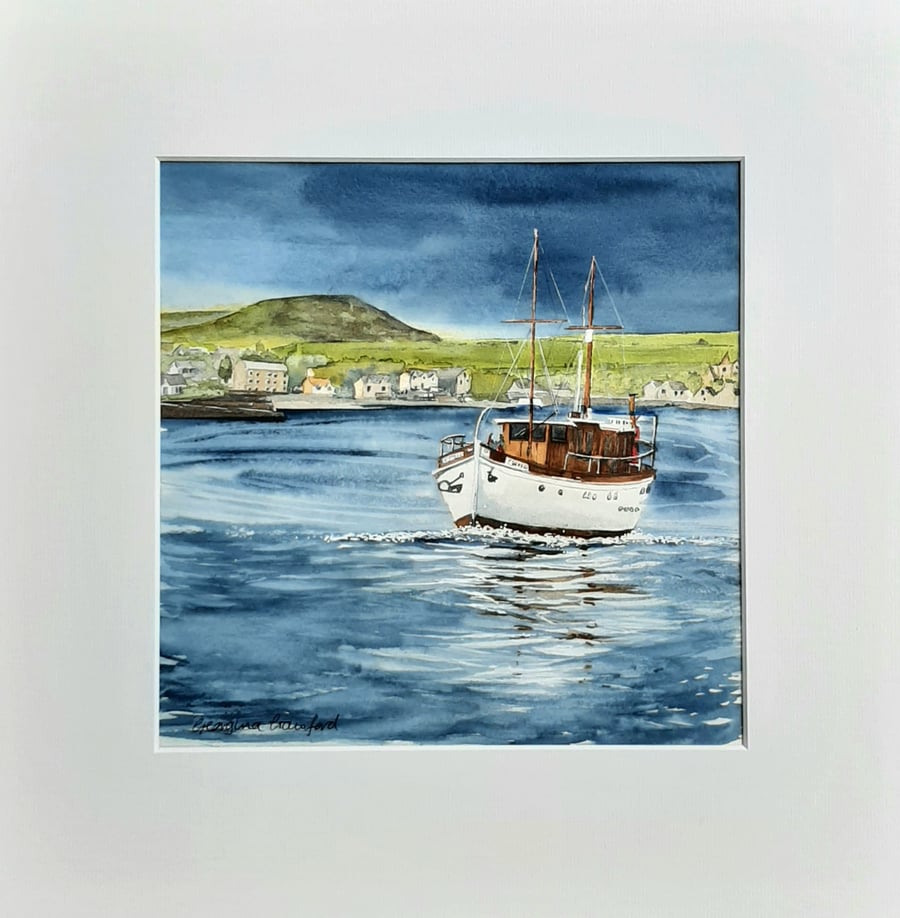 Art Deco Watercolour Painting. 1930's Chico Motor Yacht. Ready to Frame.