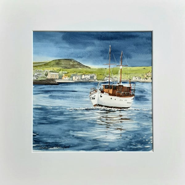 Art Deco Watercolour Painting. 1930's Chico Motor Yacht. Ready to Frame.