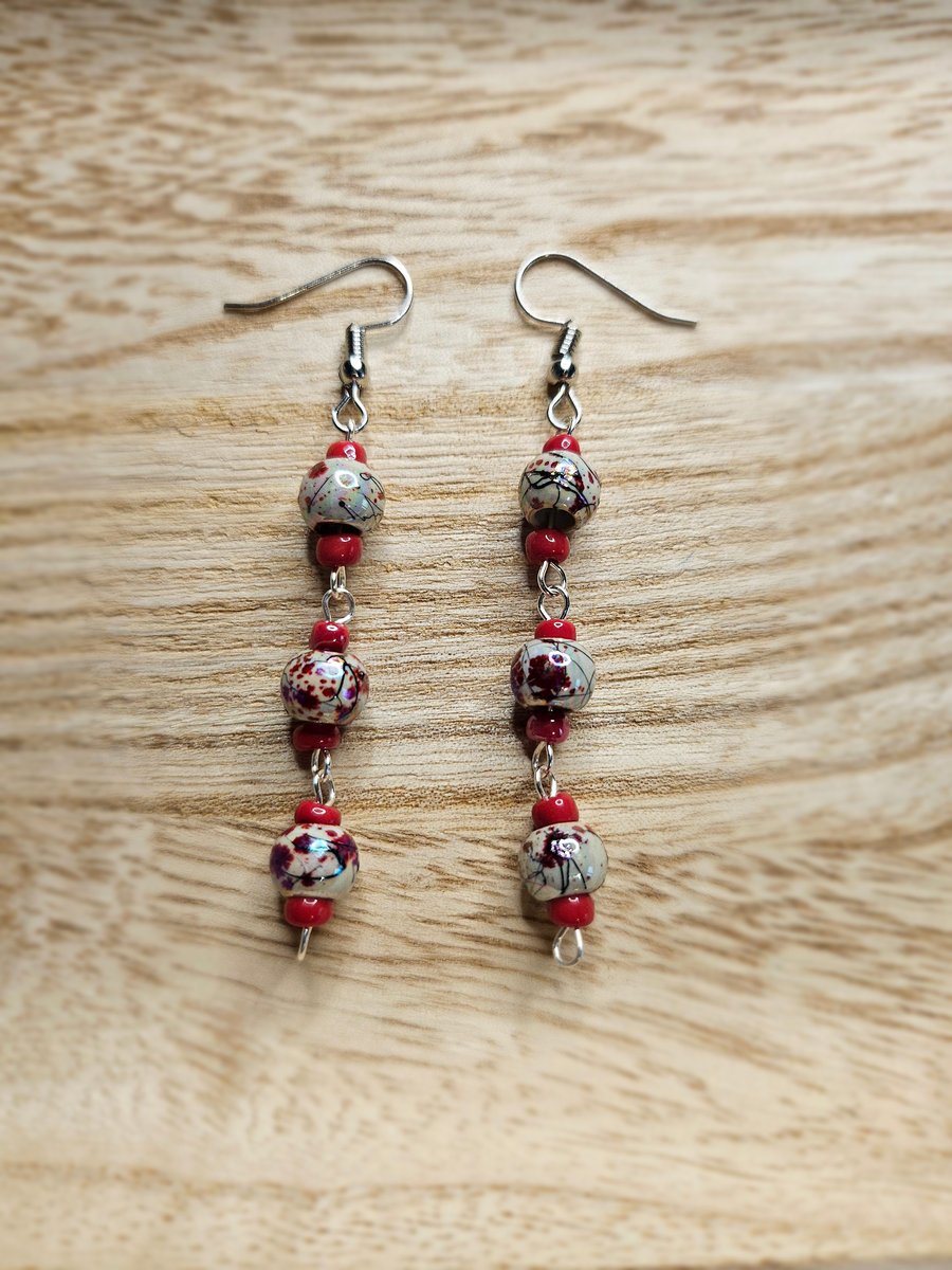 Red Beaded Dangle Earrings 