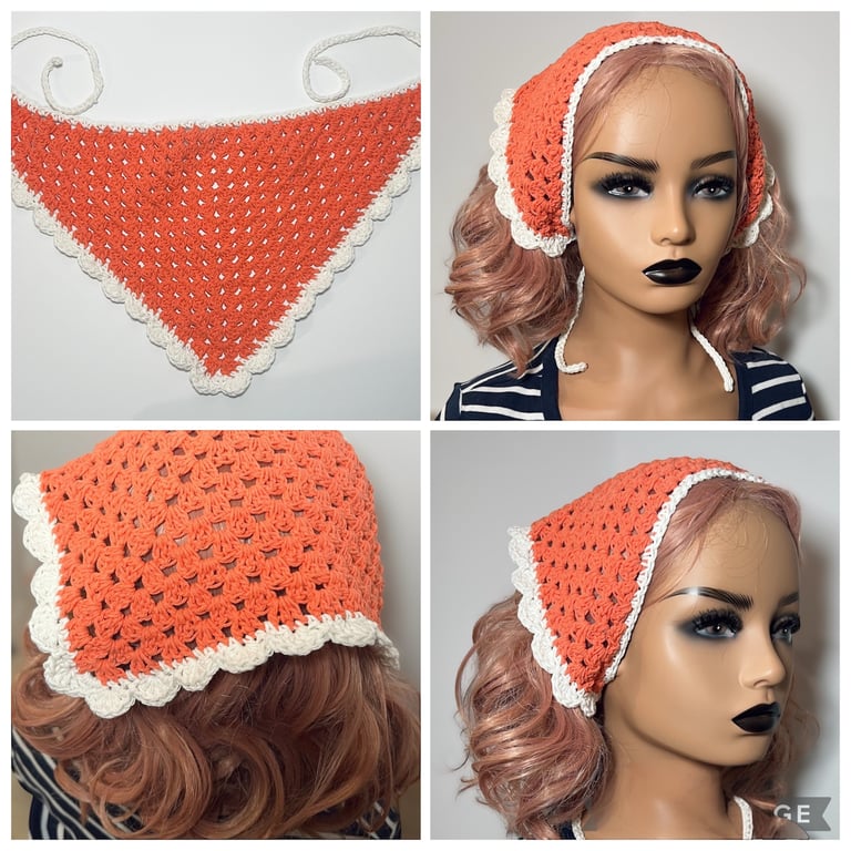 Handmade Crochet Mesh Bandana – Coral & White Ruffled Boho Headscarf