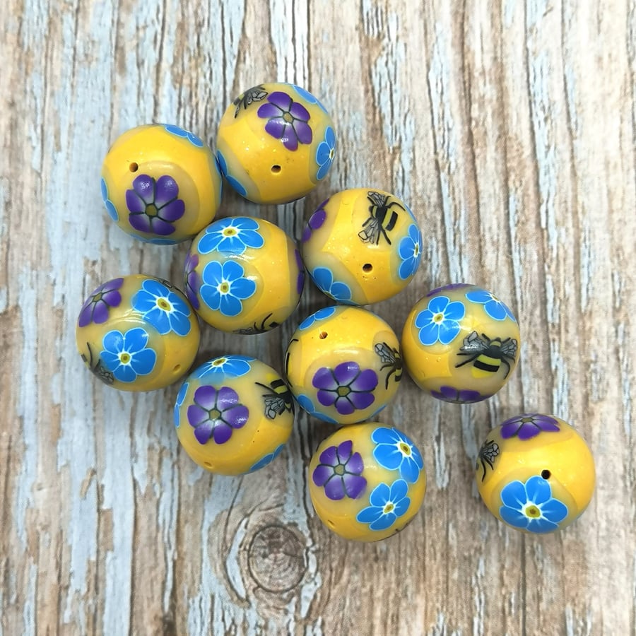 10 Golden Yellow Bumblebee and Flower Beads - Polymer Clay