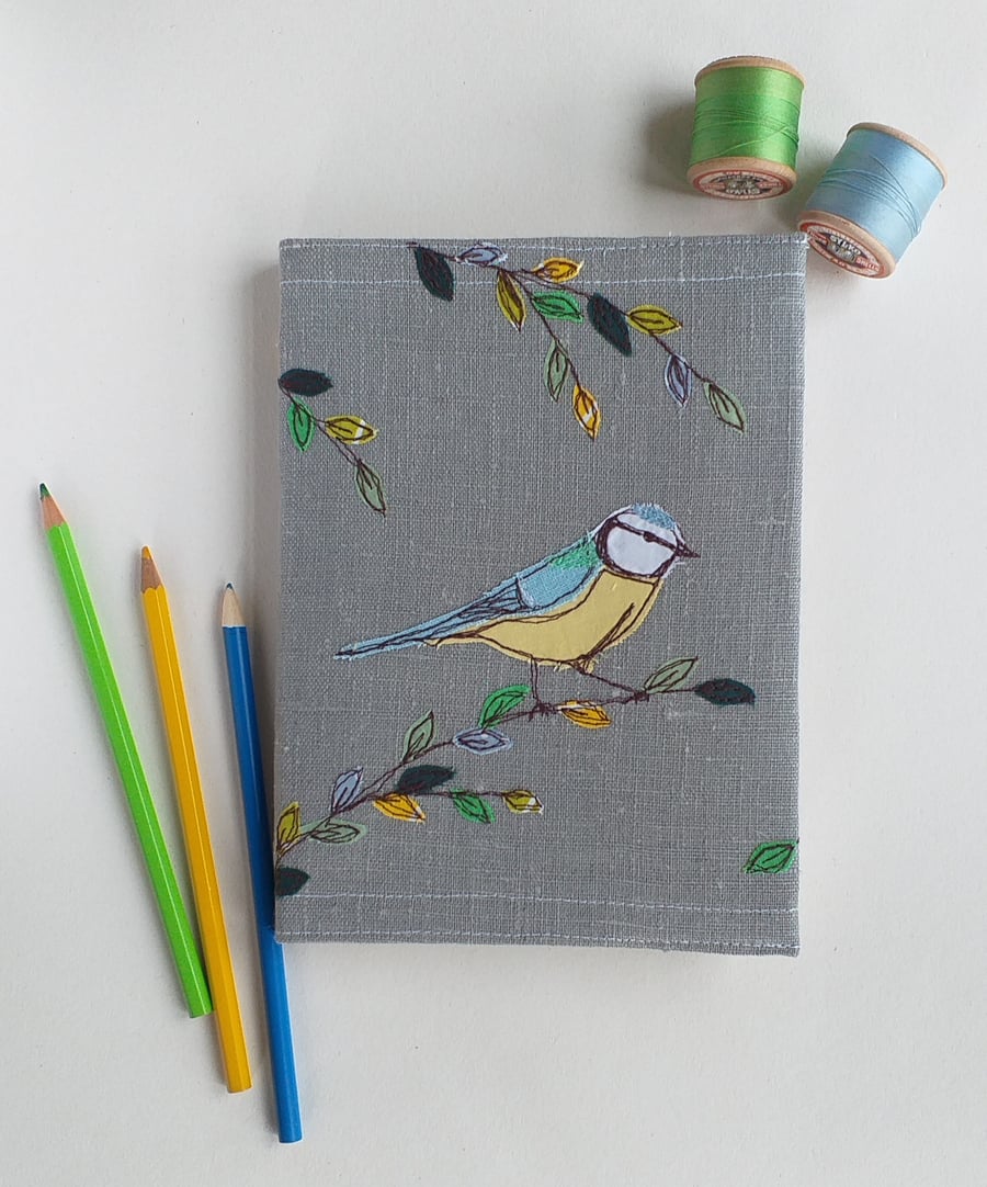 A5 Hardback Notebook with Embroidered Blue-tit on a Removable Cover