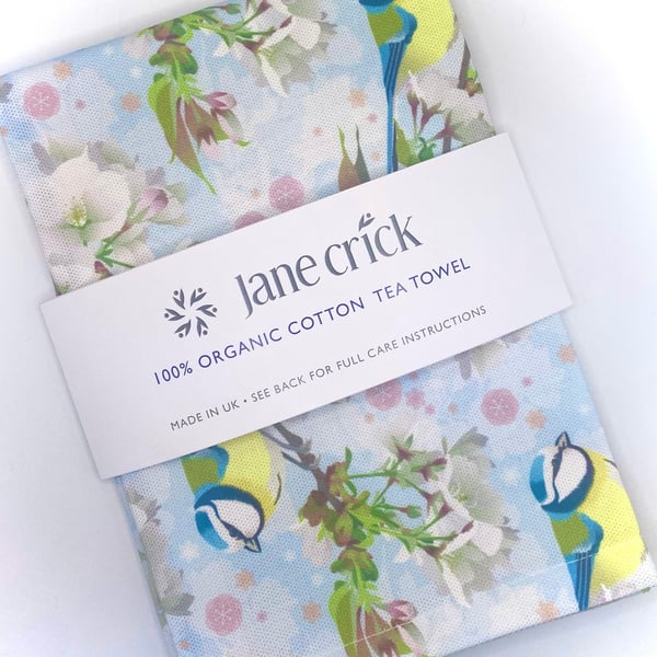 Bluetit and Cherry Blossom Organic Cotton Tea Towel