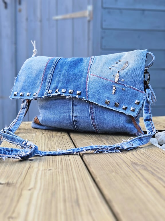 Upcycled Denim Messenger Crossbody, Sustainable Jeans Handbag, Rock Gothic Punk 