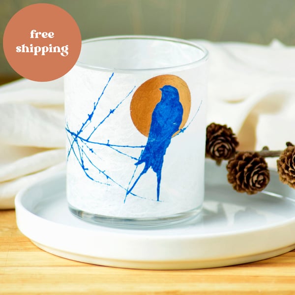 Gold Collection Swallow Cyanotype candle holder, Free UK delivery
