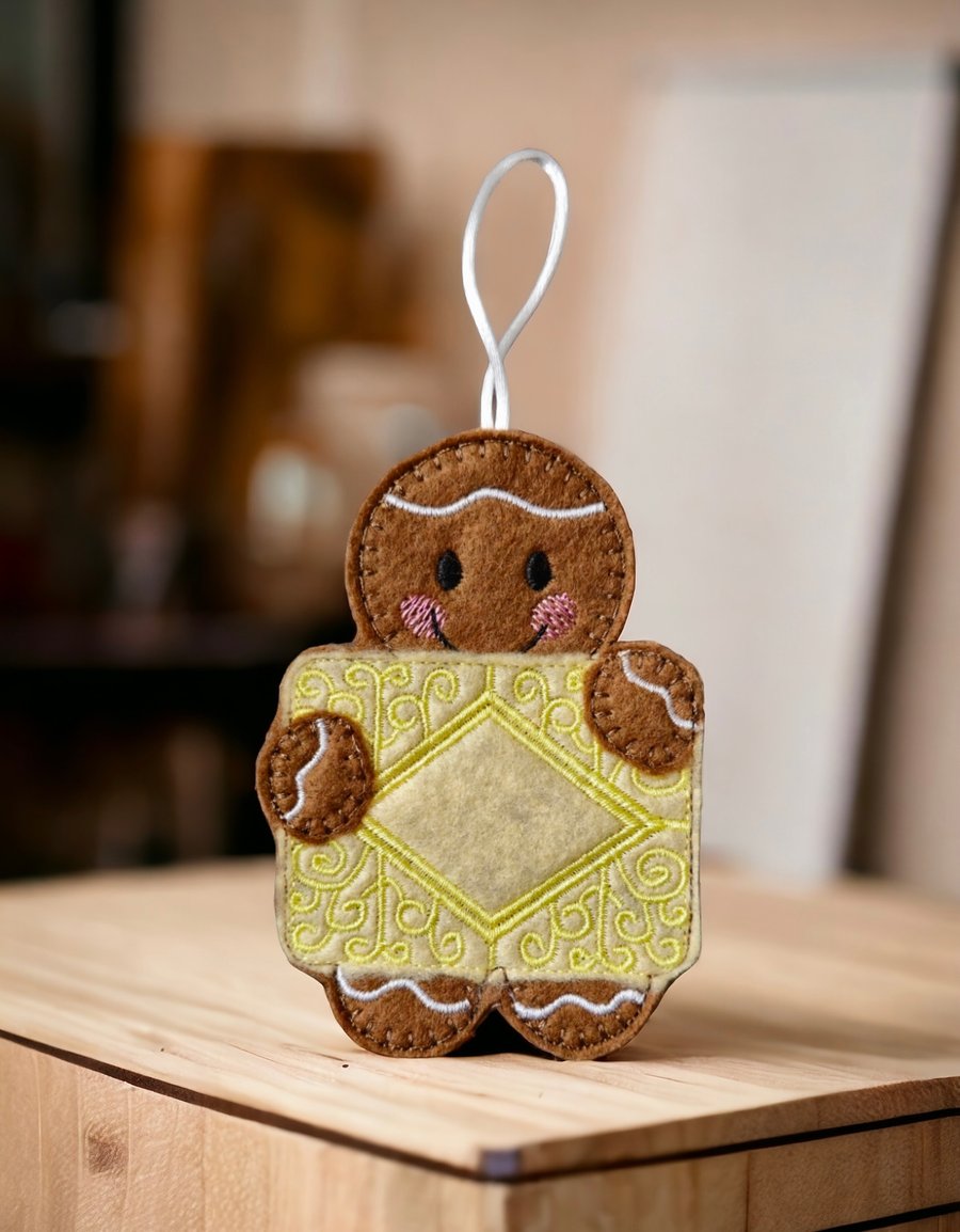 Gingerbread person holding a custard cream biscuit Embroidered Hanging Keepsake 