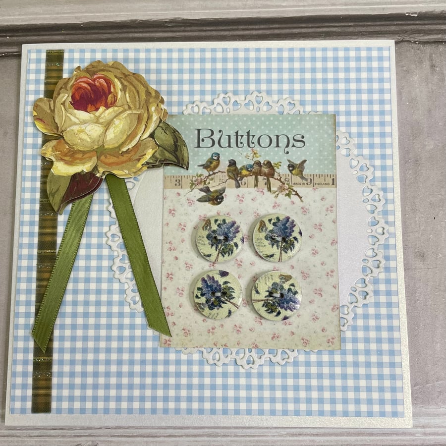 Sewing - Button and gingham card (blue)  by Carolee Crafts  PB12 - 0023