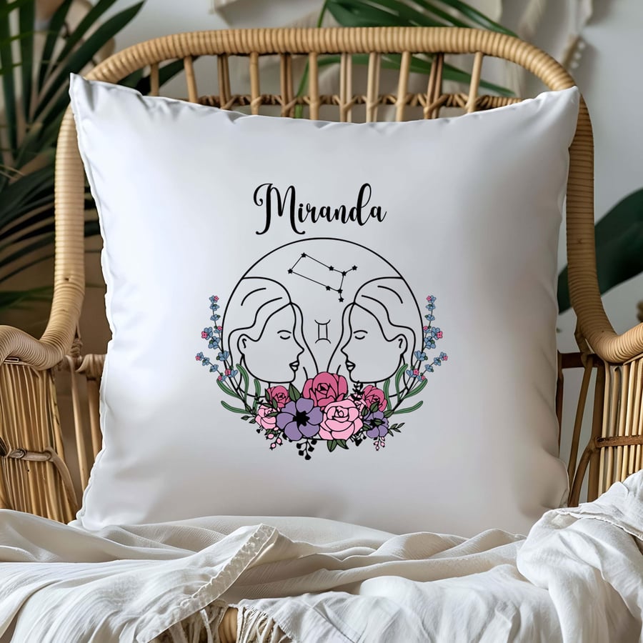 Gemini Starsign Cushion Cover Floral Design Unique Personalised Zodiac Birthday 